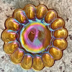 RARE Indiana Glass Hobnail Egg Plate - Carnival Amber iridescent